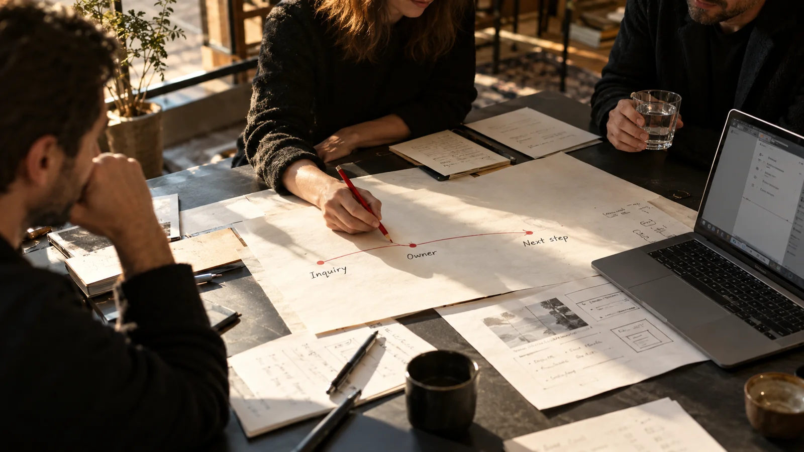 Concept workshop mapping an inquiry to an owner and a next step
